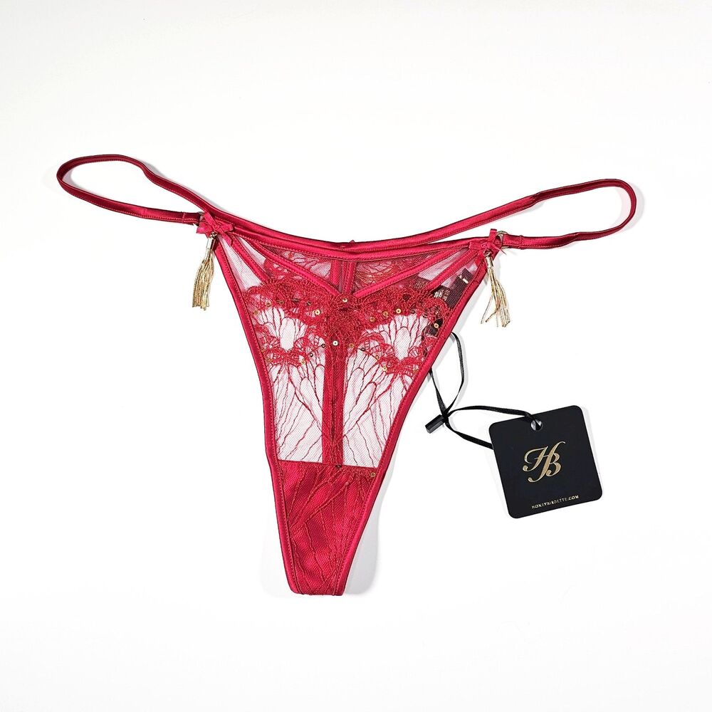 Honey Birdette Gloria Red Embroidered G-String Panty Gold Tassels, Size M